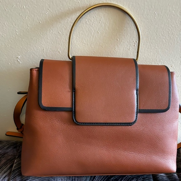 ZARA Cognac City Bag With Gold Metal Handle Crossbody Flap Over Medium Purse - Picture 2 of 4